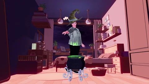 Anime Witch Enchants Potion In Her Bedroom At Night Stock Footage 346654405