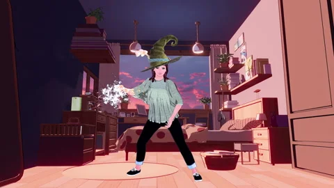 Anime Witch Summoning And Throwing A Fireball In Her Bedroom Stock Footage 346616375