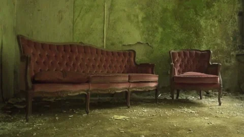 Anitque Red Couch in Deacying Abandoned Old House Stock Footage 146776365
