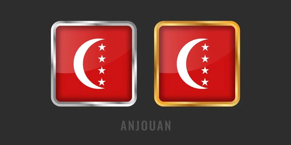 Anjouan Flag Square 3D Button Set Gold and Silver Metallic Frame Stock Illustration