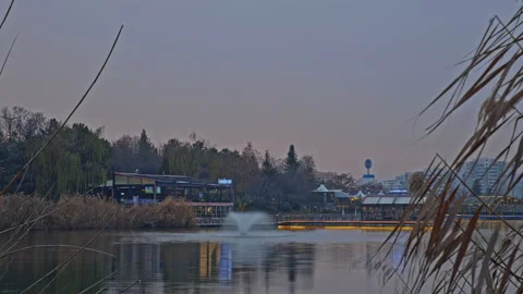 Ankara, TURKEY- 2025, Dec 21:  Time Lapse of City Park Fountain and Lake Stock Footage 324903378