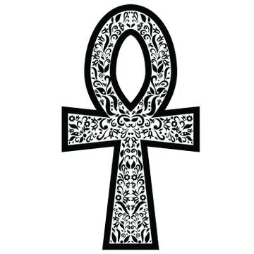 Ankh cross with floral elements in black  and white tattoo style Stock Illustration
