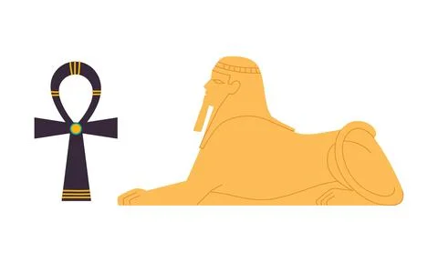 Ankh or Key of Life Ancient Egyptian Hieroglyphic Symbol and Sand Sphinx Vector Stock Illustration