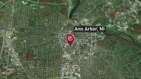 Ann Arbor City Map Zoom (MI, USA) from Space to Earth Video stock 295354895