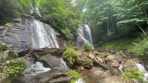 Anna Ruby Falls twin waterfalls in misty lighting Video stock 206083268