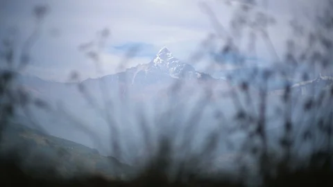 Annapurna base camp trek, View on the summit of the mountain Machapuchare Stock Footage 108606392