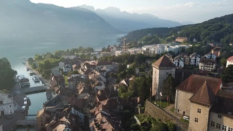 Annecy castle and old city aerial panoramic drone view, France from drone Video stock 91991753
