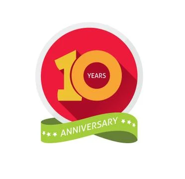 Anniversary 10th label with shadow on circle and number 1 Stock Illustration