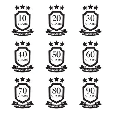 Anniversary icon set. Anniversary emblems with shield and ribbon. Stock Illustration
