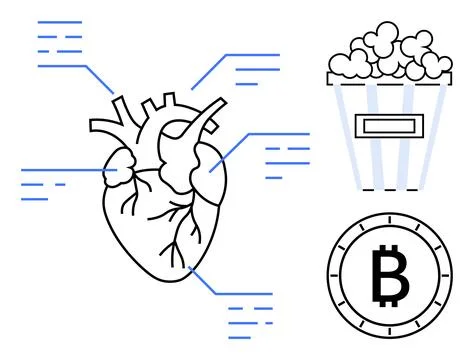 Annotated human heart diagram with popcorn bucket and Bitcoin coin symboliz.. Illustrazione stock