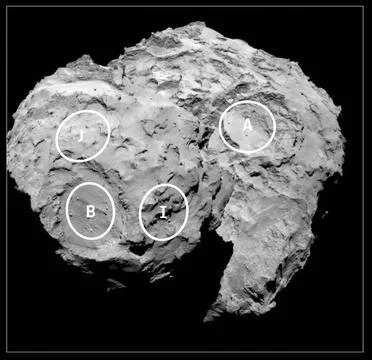 This annotated image depicts four of the five potential landing sites for ... Stock Photos