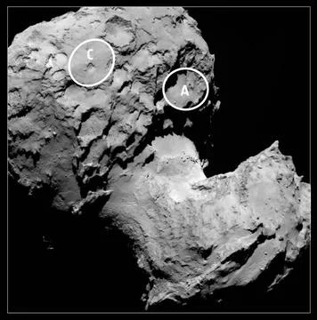 This annotated image depicts the two potential landing sites for ESA s Ros... Stock Photos