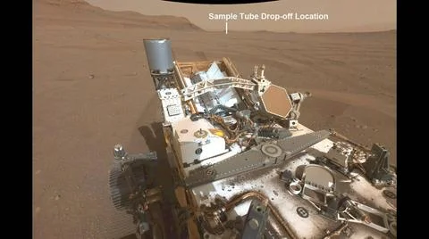 This annotated image from NASA s Perseverance Mars rover shows its wheel t... Stock Photos