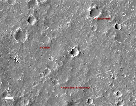 An annotated image of the surface of Mars, taken by the HiRISE camera on N... Stock Photos
