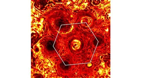 In this annotated infrared image, six cyclones form a hexagonal pattern ar... Foto stock