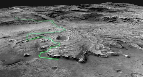 This annotated mosaic depicts a possible route the Mars 2020 Perseverance ... Stock Photos