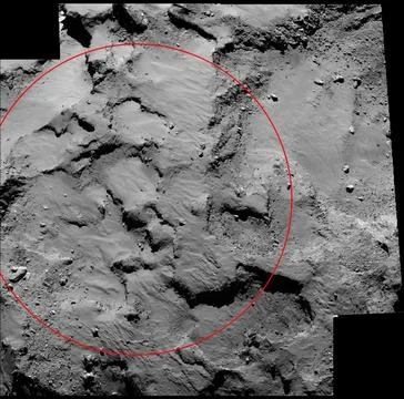 An annotated mosaic from the Rosetta spacecraft shows 'Site J,' the primary.. Stock Photos