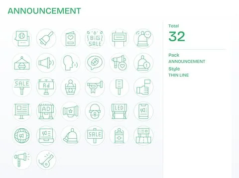 Announcement Vector Icon Collection with 32 High Resolution Thin Line Designs Stock Illustration