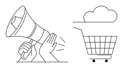 Announcing Online Shopping Cloud Concept with Megaphone and Shopping Cart 스톡 일러스트
