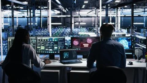 Annoyed data center programmer struggles with malfunctions gear while using AI Foto stock