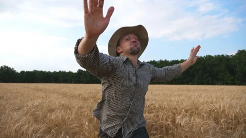 Annoyed farmer running through the wheat field and trying to catch somebody Video stock 135223501
