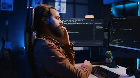 Annoyed IT admin rubbing temples in frustration after failing to remove bugs Stock Photos