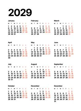 Annual calendar template, one page, Monday start. Illustration