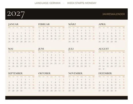 Annual German calendar layout with layout and black header Illustration