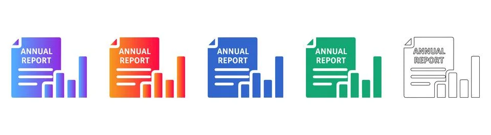 Annual Report Document Icon Set with Bar Chart Graphics Stock Illustration