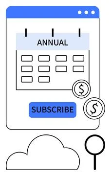 Annual subscription plan on a calendar with a subscribe button, two dollar co Stock Illustration