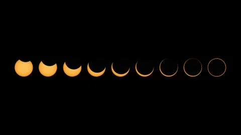 Annular solar eclipse phases composite panorama during Totality ring of fire Stock Photos