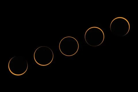 Annular solar eclipse phases composite during eclipse peak Stock Photos