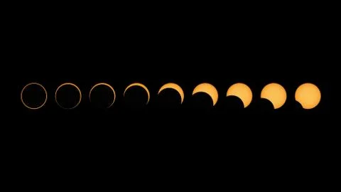 Annular solar eclipse phases total composite panorama moon moves away from sun Stock Photos