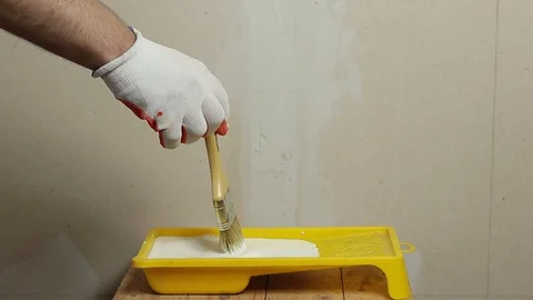 Anoint the wall with a primer. drywall brush with a brush. Stock Footage 129697518