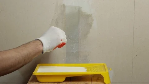 Anoint the wall with a primer. plasterboard brush Stock Footage 129137374