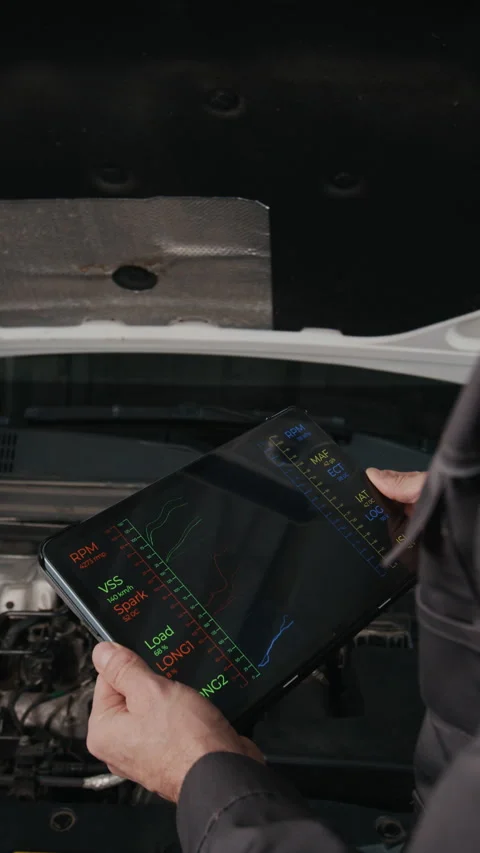Anonymous Car Mechanic with Tablet Performing Engine Test in Workshop Stock Footage 329479415