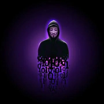 Anonymous computer hacker in hood, binary code on purple background. Hacker Stock Illustration