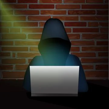 Anonymous computer hacker with hood stealing information with laptop in a dark Stock Illustration