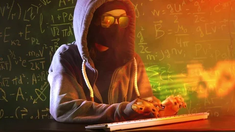 Anonymous computer hacker with mathematical formulas on background 스톡 동영상 128853755