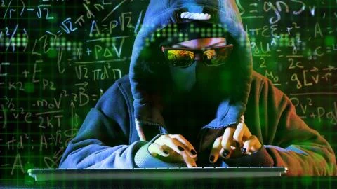 Anonymous computer hacker with mathematical formulas on background.  Stock Photos