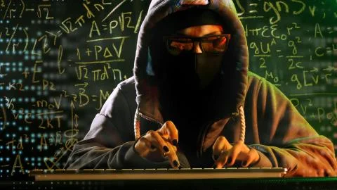 Anonymous computer hacker with mathematical formulas on background.  스톡 사진