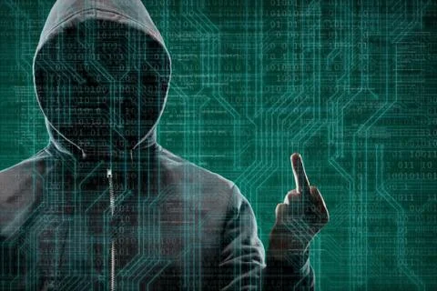 Anonymous computer hacker over abstract digital background. Obscured dark face Stock-Fotos