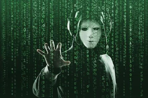 Anonymous computer hacker over abstract digital background. Obscured dark face Foto stock