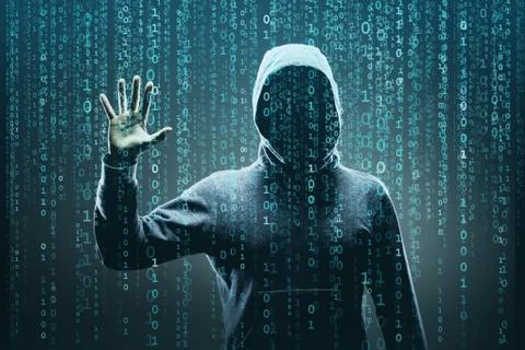 Anonymous computer hacker over abstract digital background. Obscured dark face Stock Photos