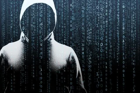 Anonymous computer hacker over abstract digital background. Obscured dark face Stock-Fotos