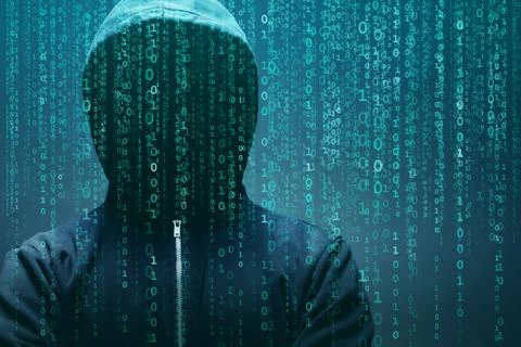 Anonymous computer hacker over abstract digital background. Obscured dark face Stock Photos