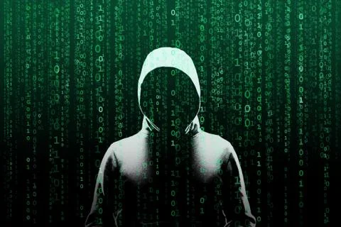 Anonymous computer hacker over abstract digital background. Obscured dark face Stock Photos