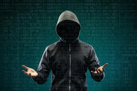 Anonymous computer hacker over abstract digital background. Obscured dark face Stock-Fotos