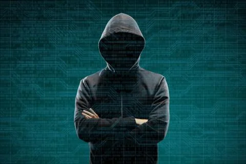 Anonymous computer hacker over abstract digital background. Obscured dark face Stock-Fotos