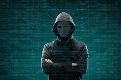 Anonymous computer hacker over abstract digital background. Obscured dark face Stock-Fotos